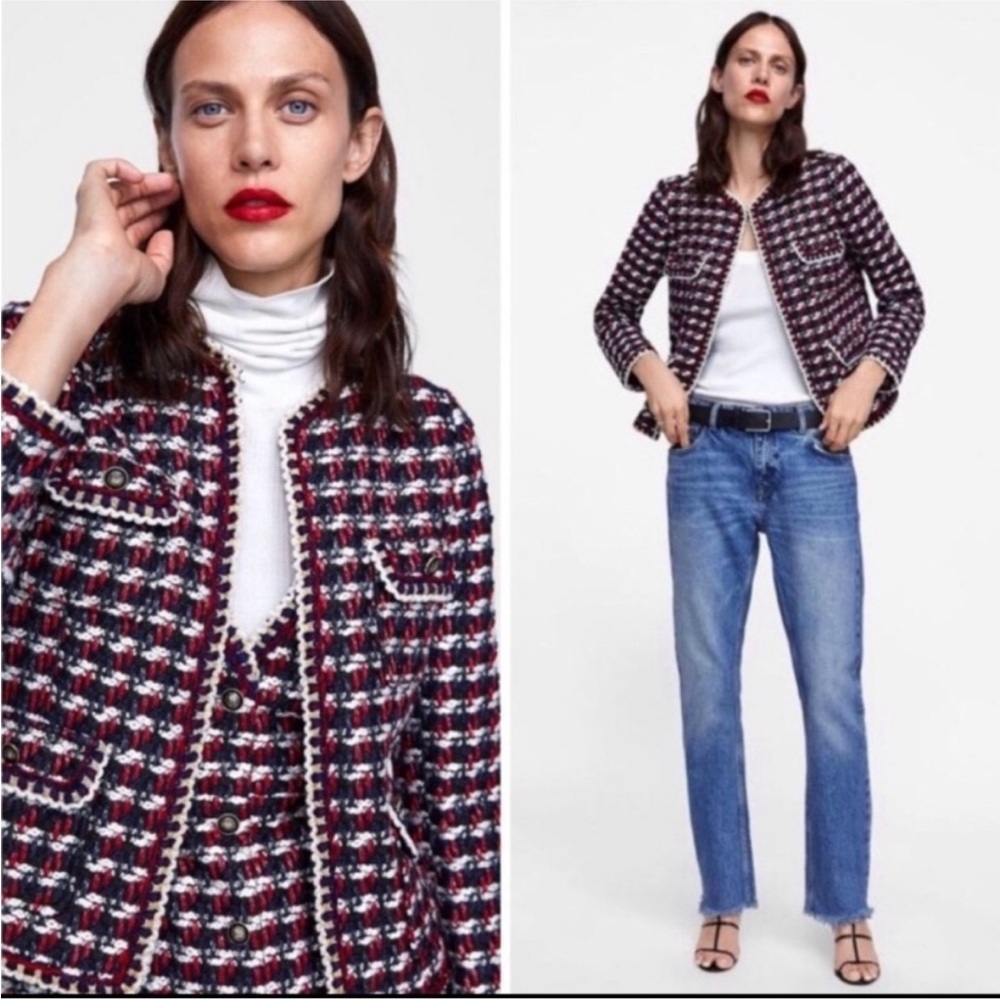 Zara Navy, Red & White Tweed Cropped Blazer - Picture 2 of 8